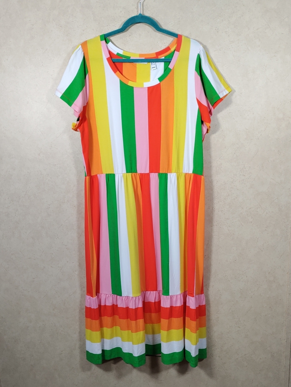 I131 Isaac Mizrahi Multicolor Stripe Short-Sleeve Tiered Dress L NEW
